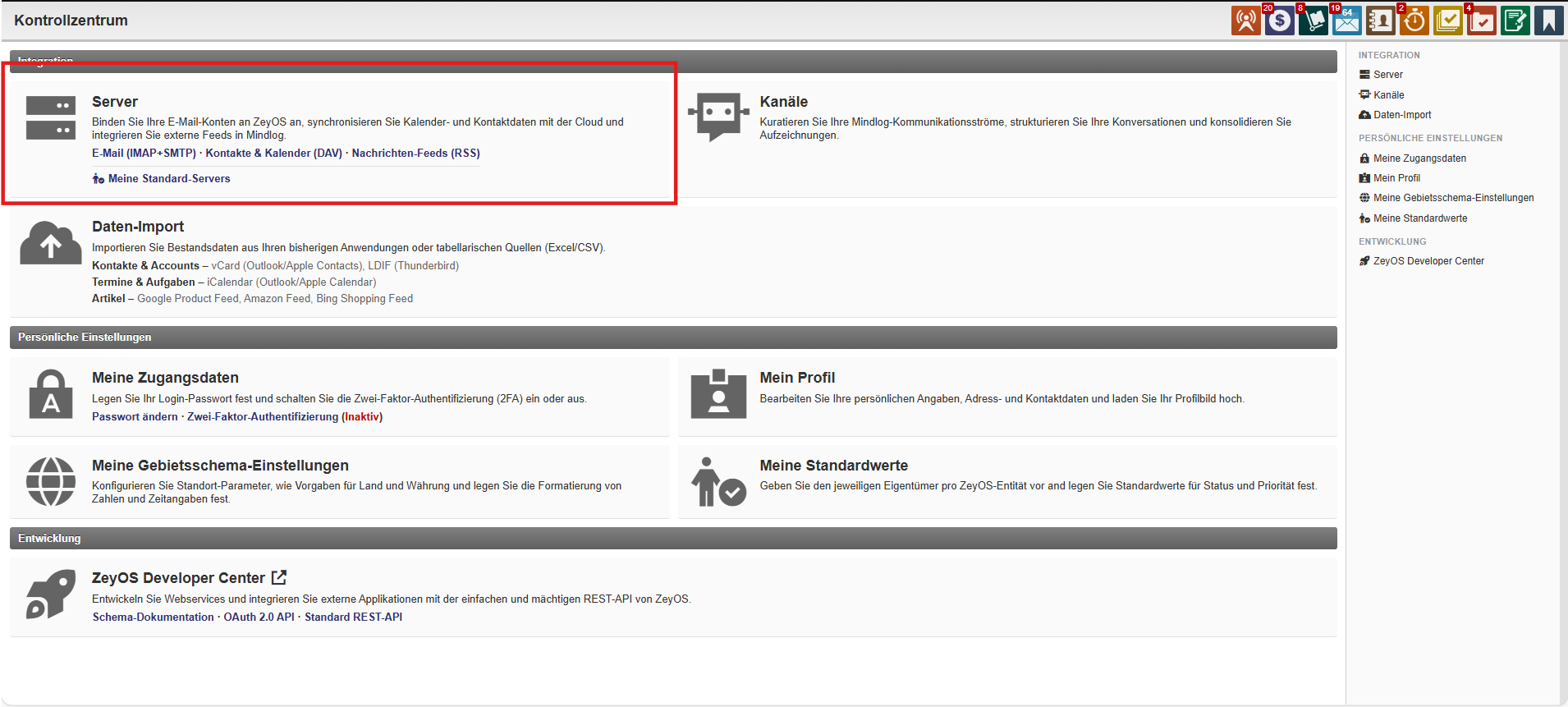 Servers page with mail, DAV, and feed server tabs