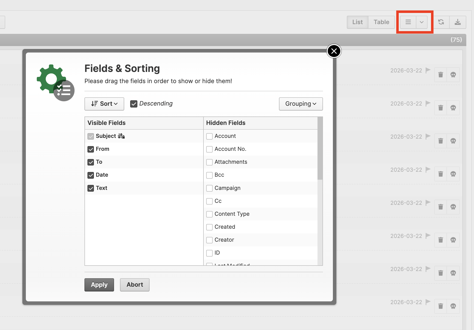Customize columns dialog – add, remove and reorder fields