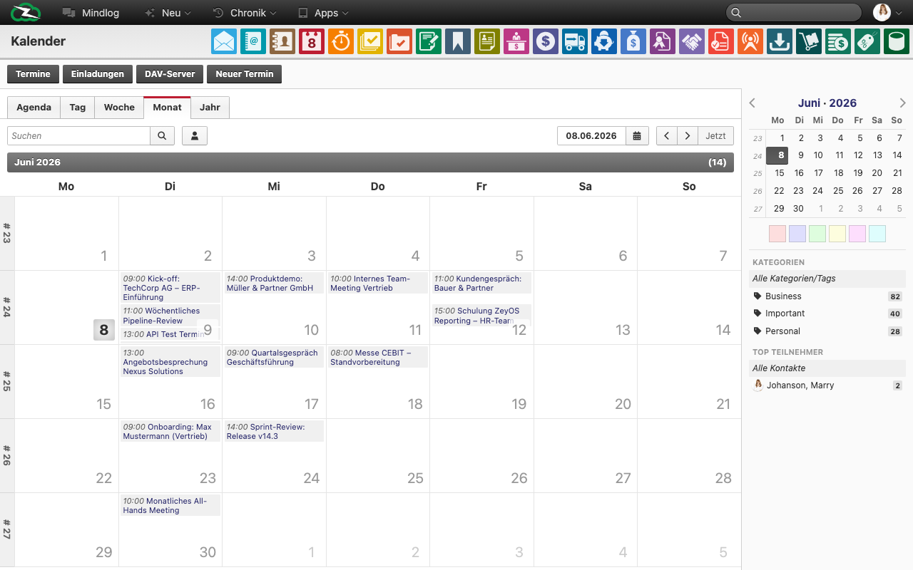 Calendar month view showing all team appointments with category colors, a mini calendar in the sidebar, and filters for categories and top attendees