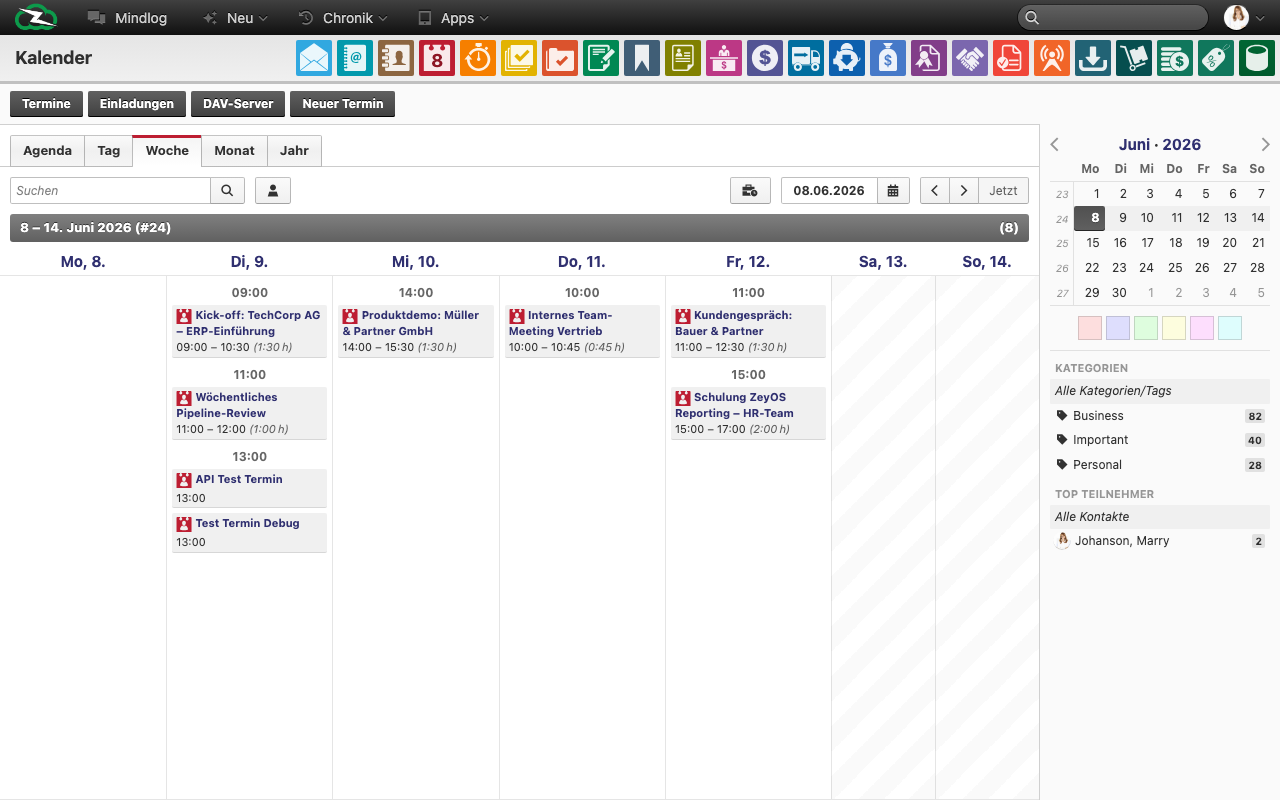 Calendar week view displaying appointment time slots and durations across the current week