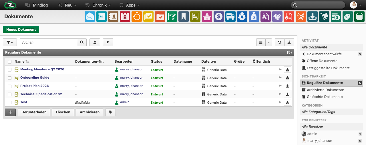 Documents list showing document records with name, document number, assignee, status, filename, file type, and size