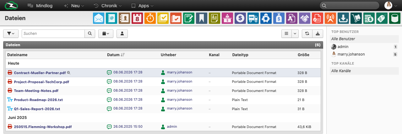 Files browser showing uploaded files grouped by date, with filename, creator, channel, file type, and size columns