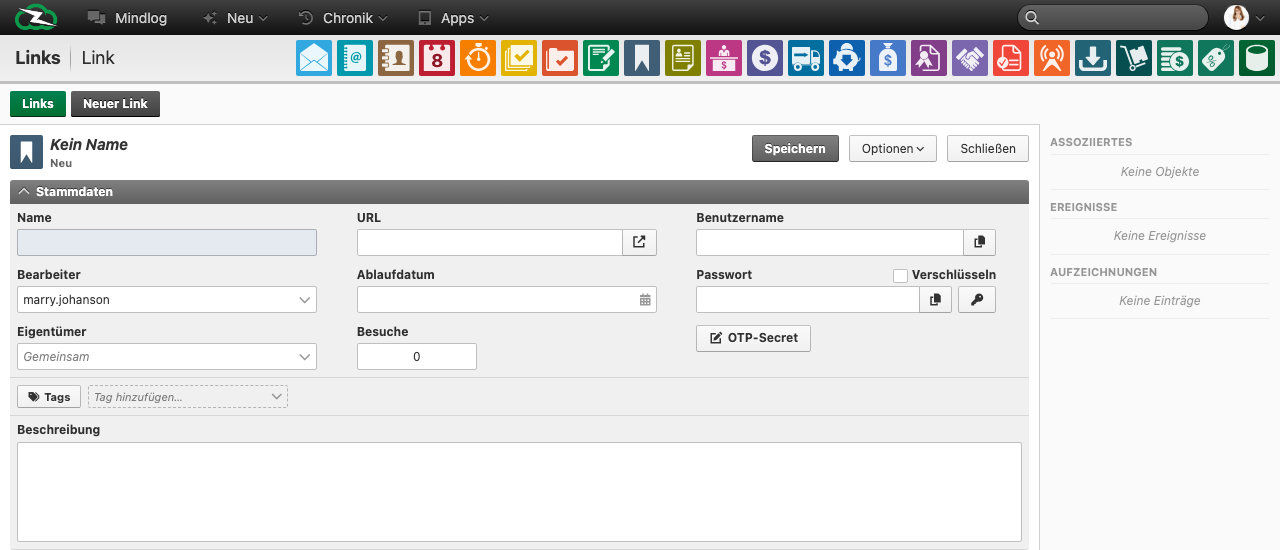 New link form with name, URL, assignee, owner, username, password, OTP secret, and tags fields