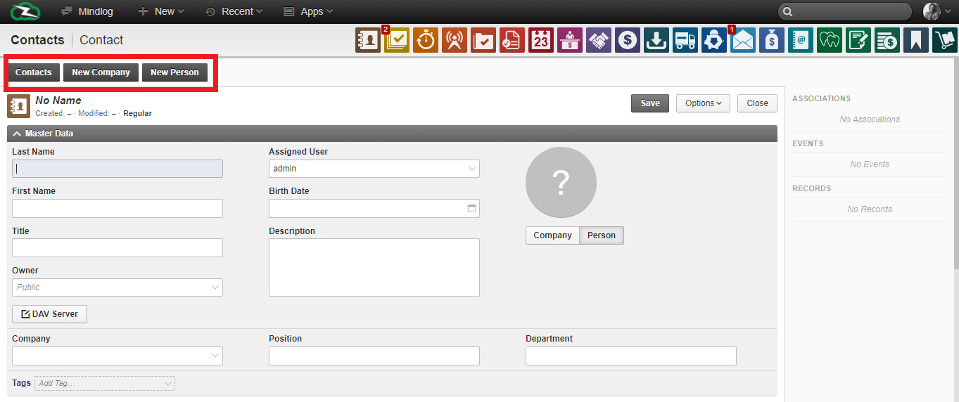 New company contact form with name, address, and communication fields