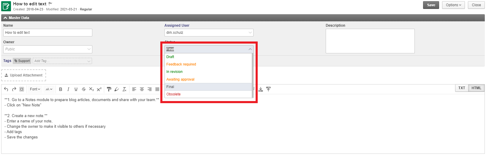 Status dropdown showing all available states: Draft, Feedback required, In revision, Awaiting approval, Final, and Obsolete