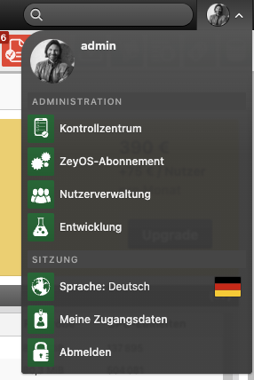 Admin-Funktionen-Übersicht im Kontrollzentrum