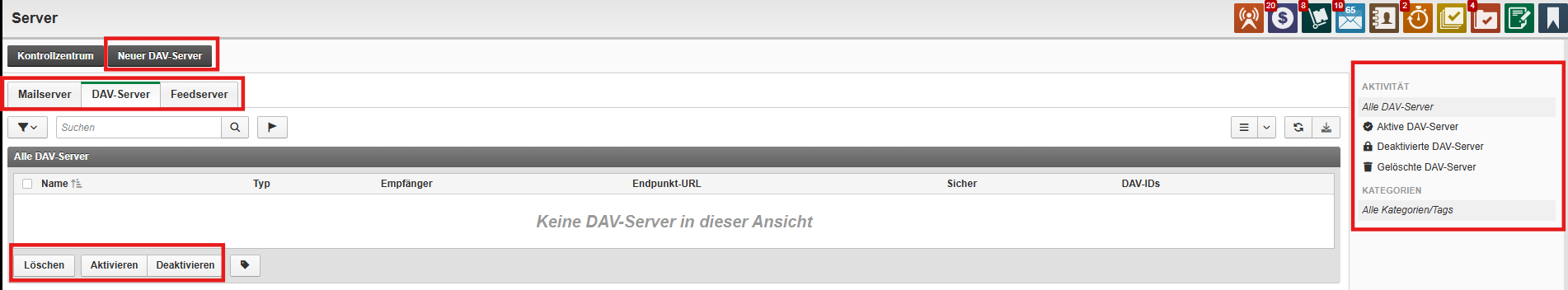 Serverübersicht mit Liste konfigurierter Mail-, DAV- und Feed-Server