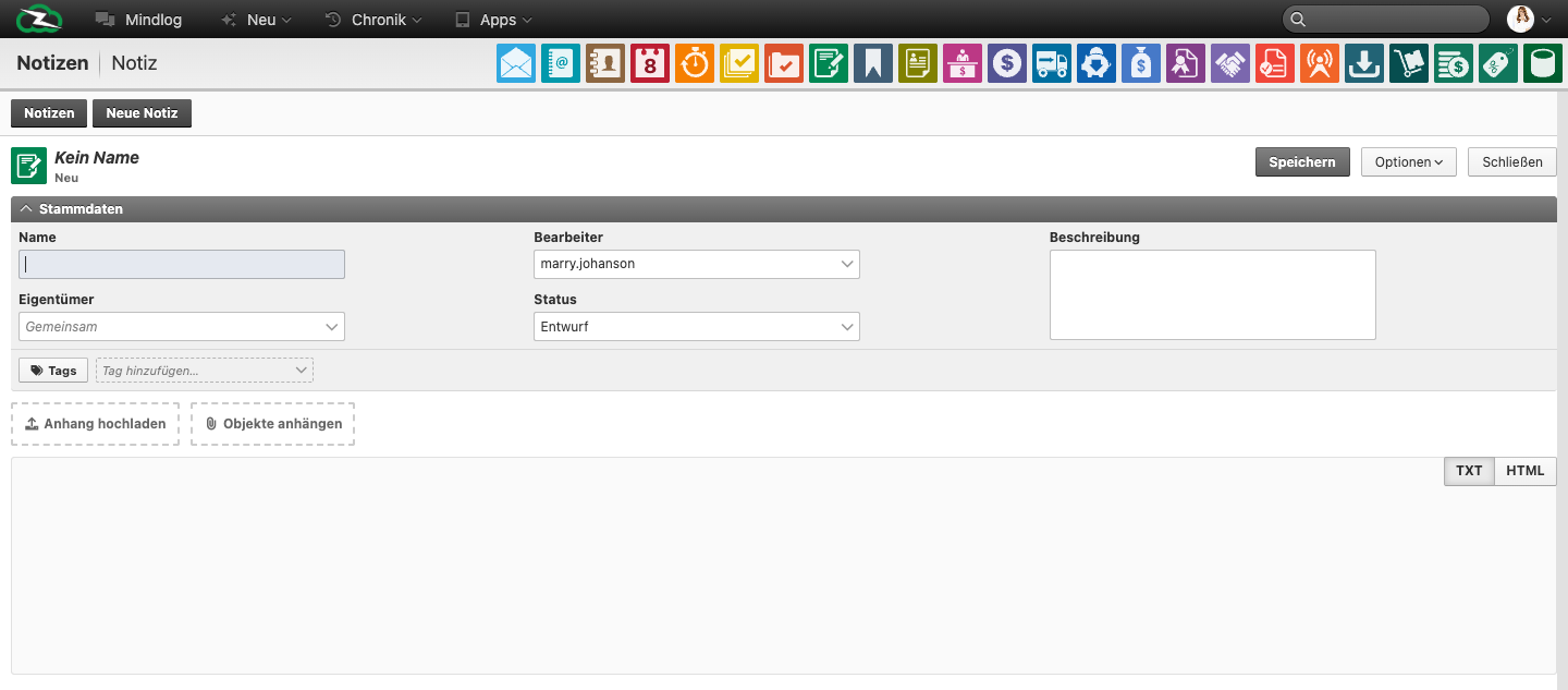Neues Notizformular mit Name, Bearbeiter, Eigentümer, Status, Tags und Rich-Text-Editor