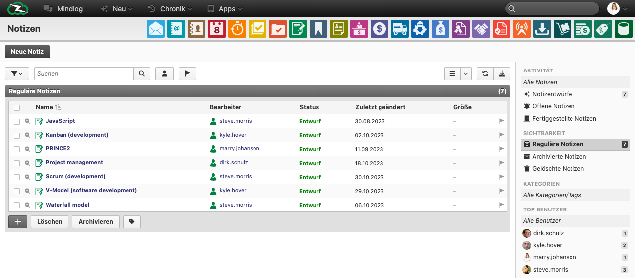 Notizliste mit Listenansicht und Seitenleiste für Aktivitäten, Sichtbarkeitsfilter, Kategorien und Top-Benutzer