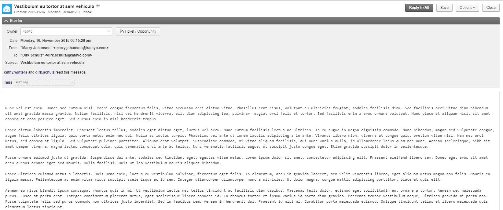 Geöffnete E-Mail mit Antworten-, Weiterleiten- und Archivieren-Aktionen